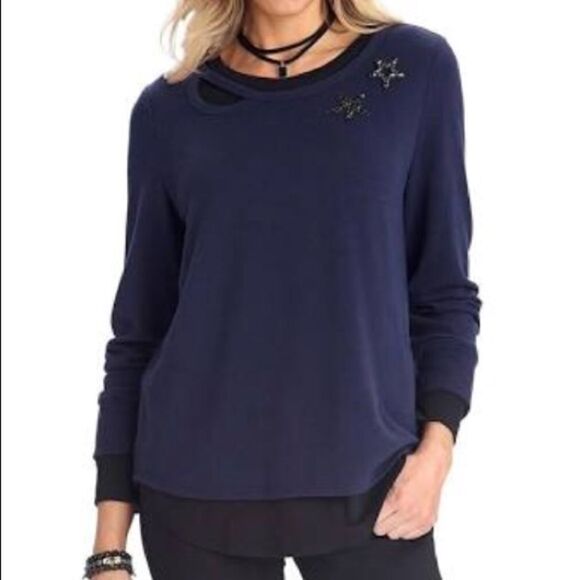 Posh Tops - TIE Back Split top Cut Put Neck Top 2 embellished removable accent stars  NWT